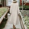 Women's Ound-neck Pleated Skirt With Pockets, Long-sleeved Cotton And Linen Dress