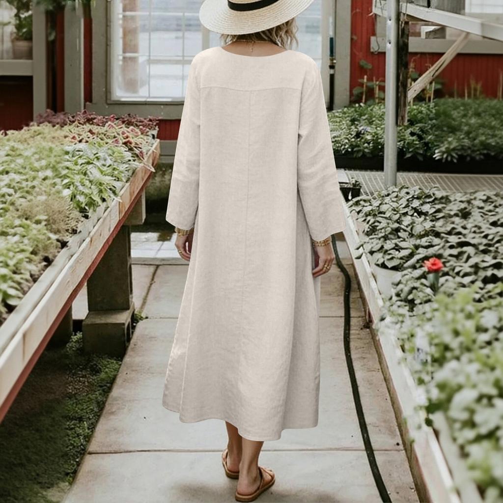 Women's Ound-neck Pleated Skirt With Pockets, Long-sleeved Cotton And Linen Dress