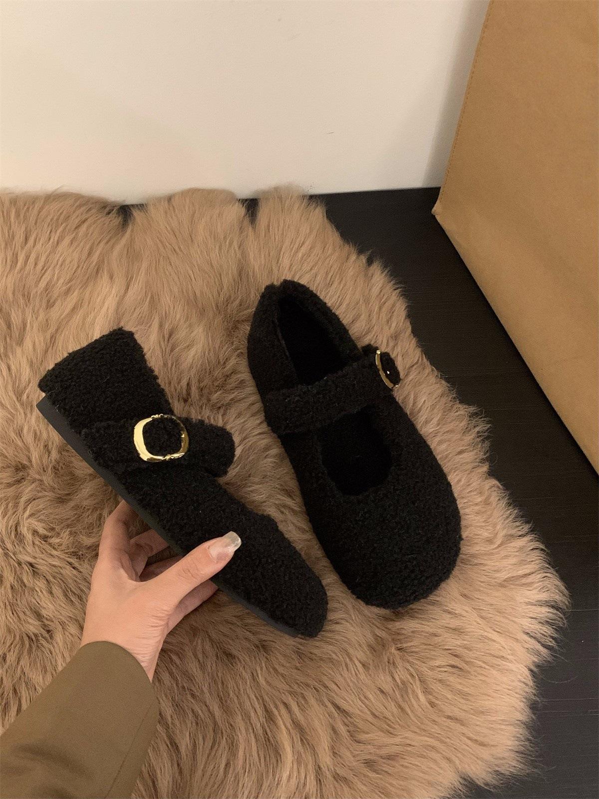 thick-soled white plush plush shoes women s shoes outer wear Ji Mary Jane single shoes plush cotton shoes 35