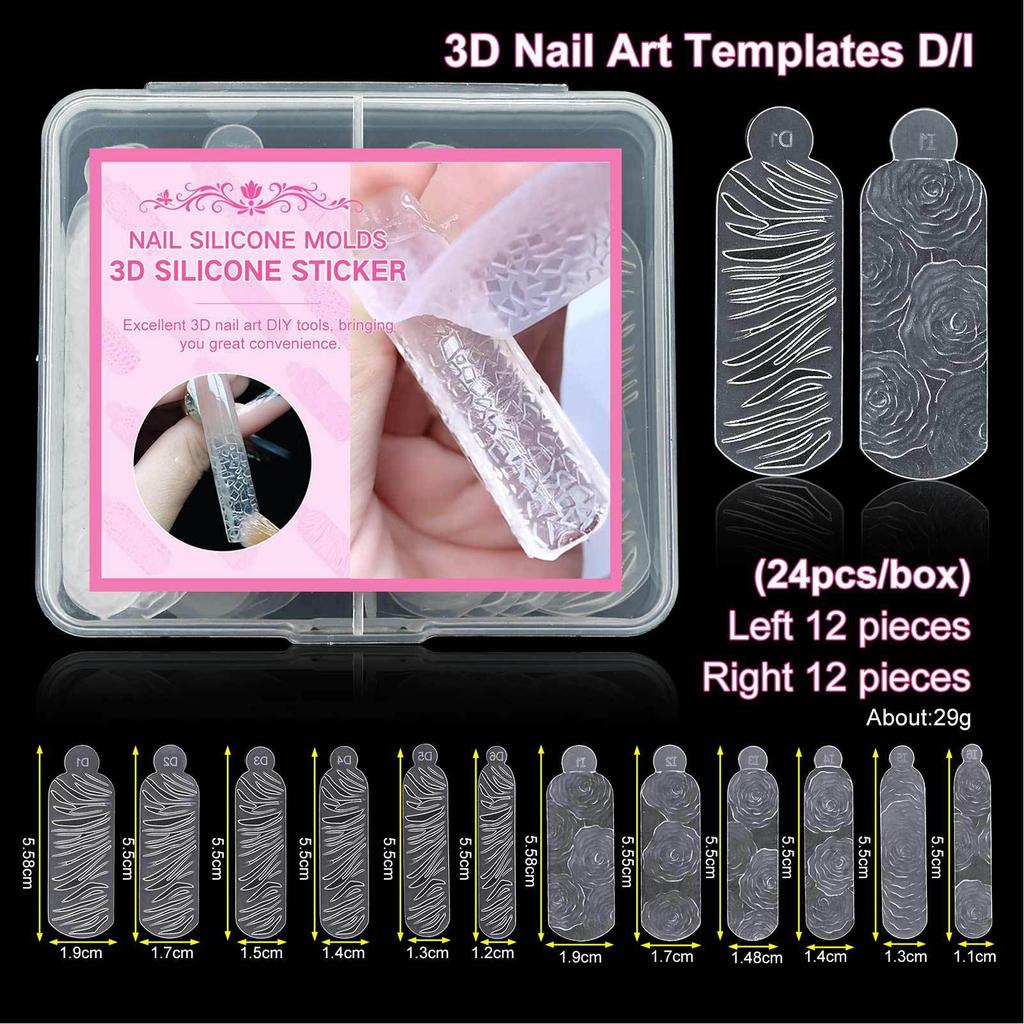 24pcs Nails Art Template Featuring 3D Patterns Stereo Printing Reusable Nails Art Mold DIY Tool B
