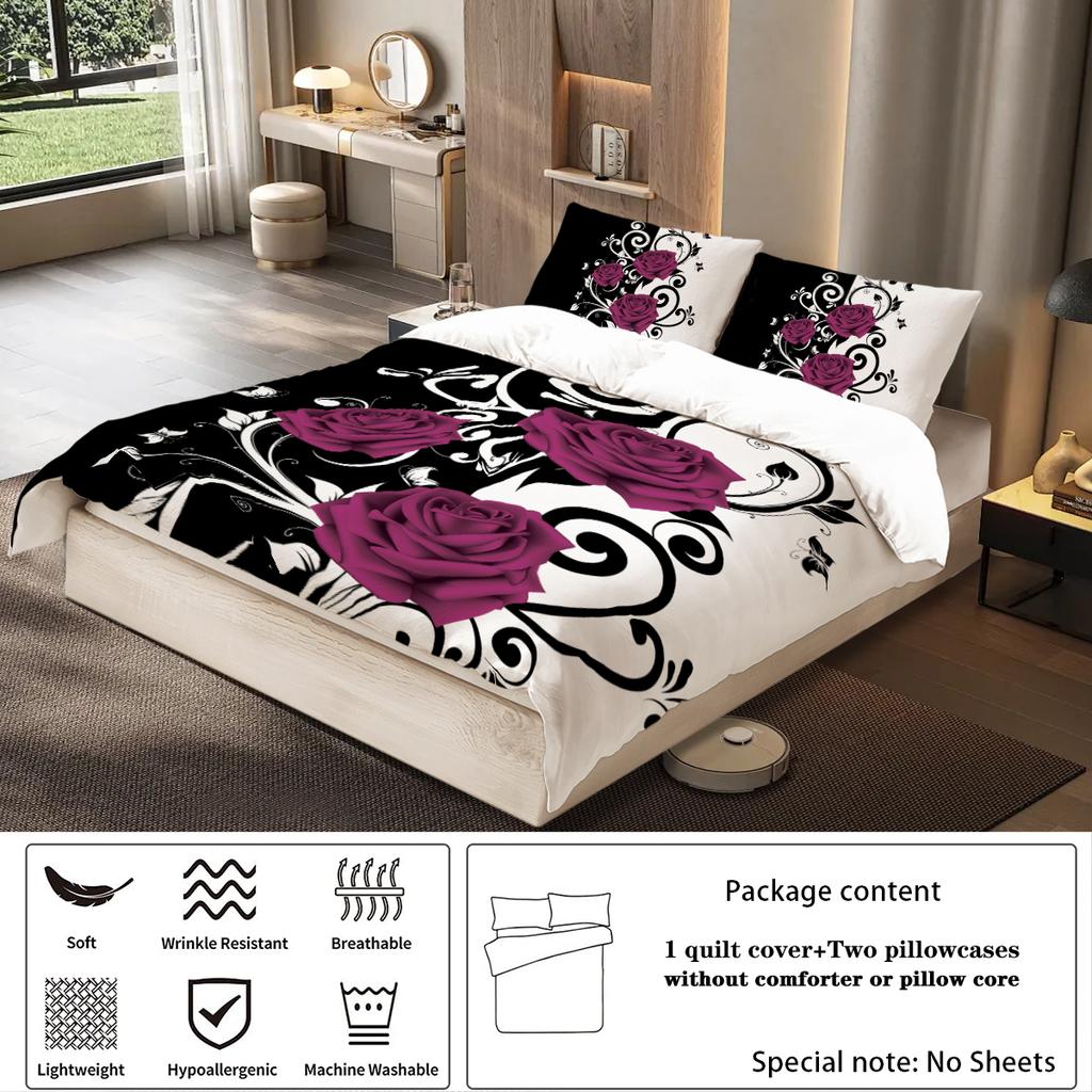 3-teiliges Bettwäscheset mit lila Rosenmusterdruck, 1*Bettbezug+2*Kissenbezug, geeignet für Mädchen- und Frauenschlafzimmer, Geburtstagsgeschenk
