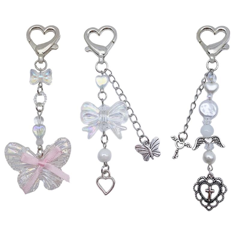 Butterfly Beaded Phone Lanyard Bowknot Pendant Wrist Strap Detachable Phone Chains Keyring Portable Accessory for Women
