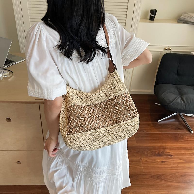 Crochet Mesh Shoulder Bag Women Summer Beach Tote With Leather Strap Natural Style Design