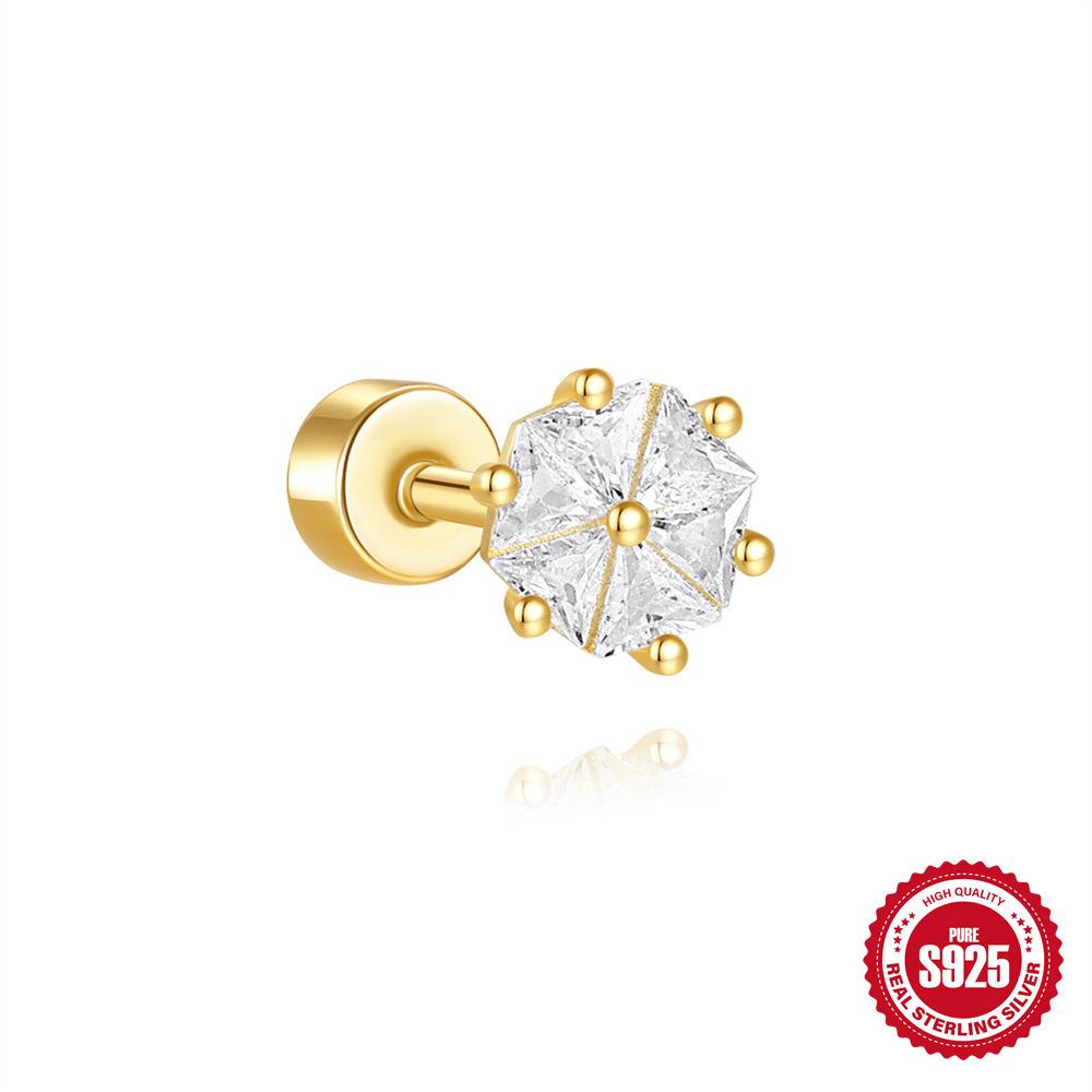 S925 Sterling Silver Daily Versatile Geometric Diamond-Set Cartilage Spiral Thick Bottom Flat Head Piercing Earrings Earrings Women