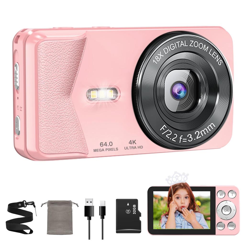 QZTCAMERA digital camera 4K compact 64 million pixels Type-C cable smartphone connection time-lapse recording function 2.8-inch large screen auto 18x