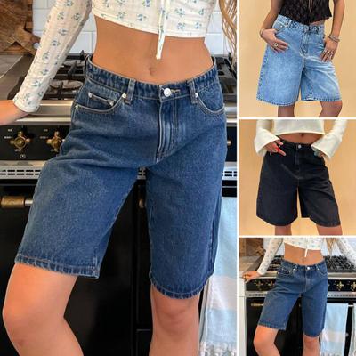 Shorts en jean mi-longs pour femmes avec poches Taille moyenne Amples Bermuda en jean Jambe droite Jeans courts