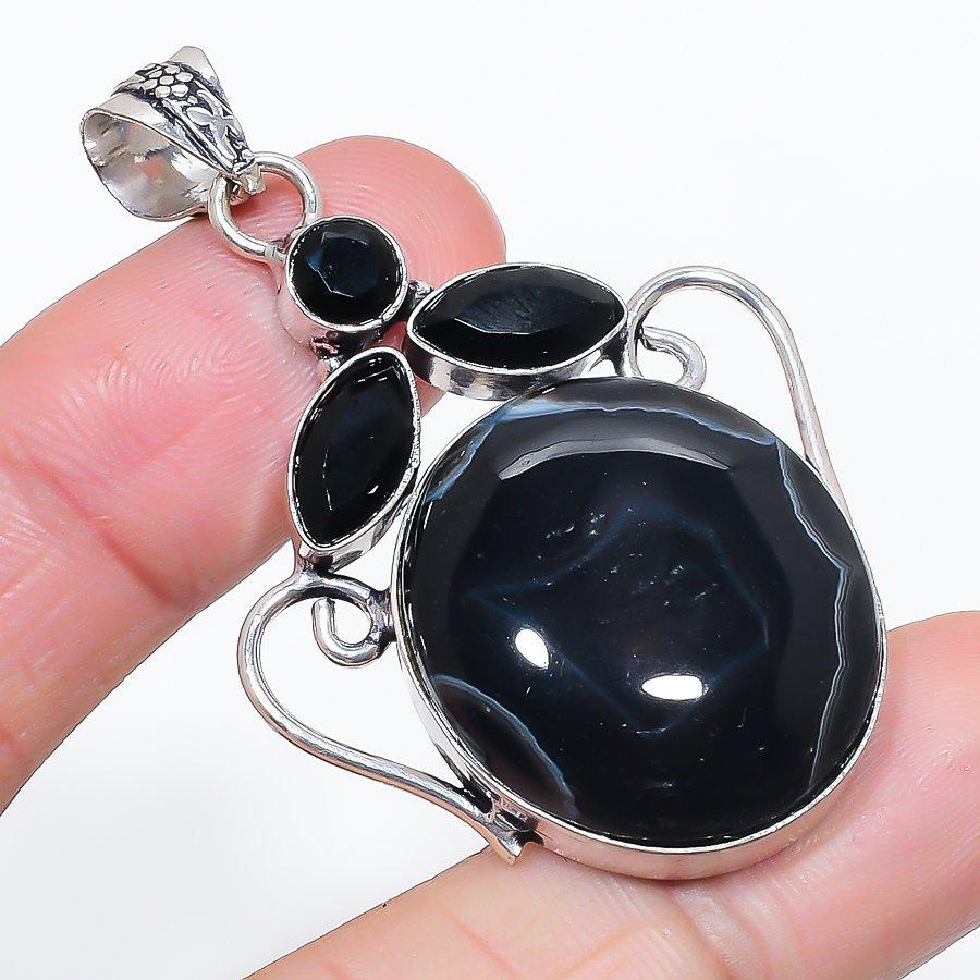 

Натуральный полосатый агат, шпинель, ювелирная подвеска из стерлингового серебра 925 пробы, 2,21 P9Z13