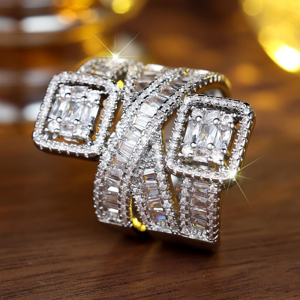 Sparkling Rectangular White Zircon Geometric Rings for Women Wedding Engagement Jewelry Gift