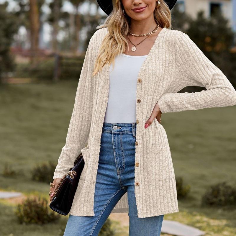 Women's Solid Color Brushed Striped Cardigan with Buttoned Jacket Design