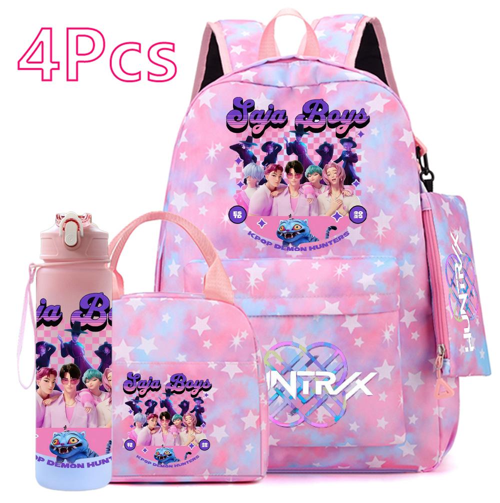 4Pcs/set Anime Cute Printed Backpack Large Capacity Bookbag HandBag Case Bag with 750ml Water Bottler Boy Girl SchoolBag Waterproof Mochila