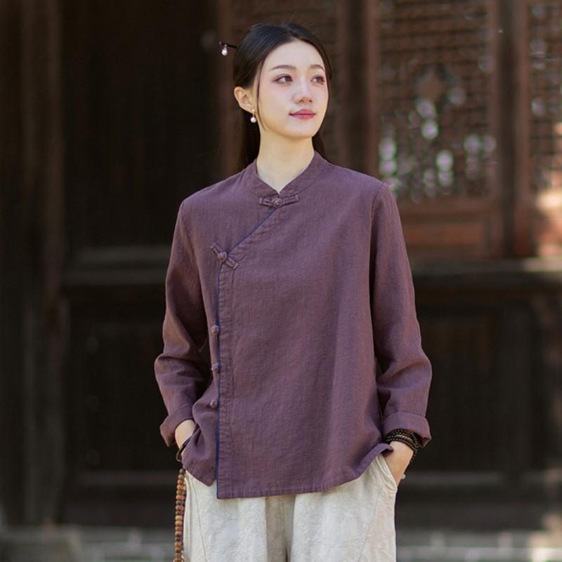 Johnature Women Vintage Shirts Tops Spring Chinese Style Solid Color Stand Button Long Sleeve Shirts
