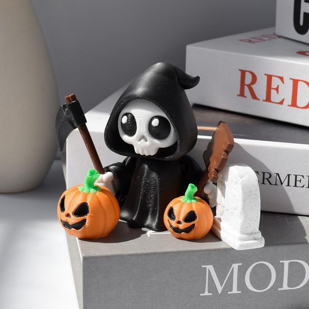 Halloween Decoration Set, Cute Grim Figurine With Pumpkins And Accessories, 3.46 Inch Height