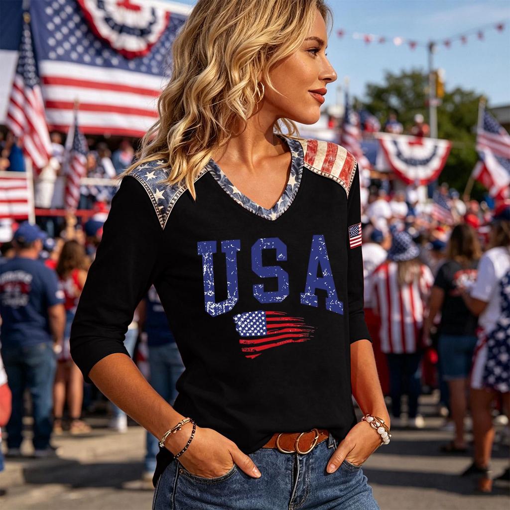 Long Sleeve Shirts for Women Casual V Neck Womens Long Sleeve Tops USA Print Long Sleeve T Shirt Women Comfortable Long Sleeve Tops for Women