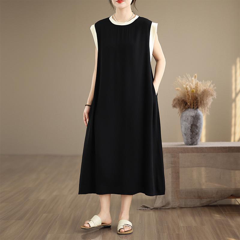 

2025 Summer Loose Sleeveless Cotton-Silk Plus Size Slimming Dress with Large Hem in 4 Solid Colors Plus Size 2XL чорний