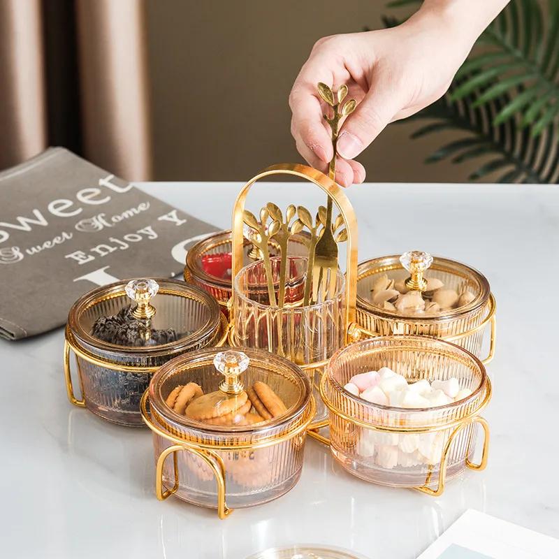 Glass Dried Fruit Dish Nordic Light Luxury Snack Plate Round Transparent Snack Grid Fruit Plate with Plastic Lid Fruit Plate