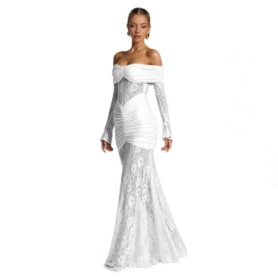 Dámské maxi šaty s odhalenými rameny a dlouhým rukávem, květinová krajka, průsvitná síťovina, řasené bodycon šaty, sexy formální večerní párty, svatební host