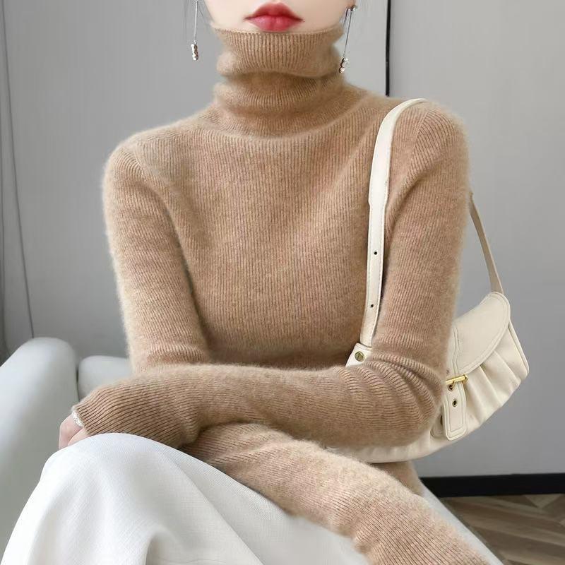 Women’s 2025 Autumn/Winter Pure Wool Sweater, Half-High Neck, Ribbed, Slim-Fit, Figure-Flattering with Cashmere Inner Layer