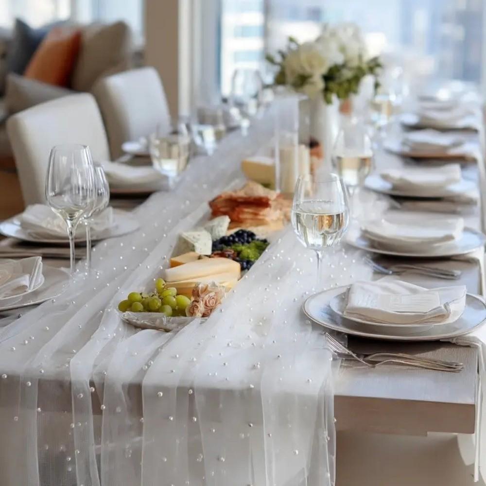 0.75*3M Table Flag Pearl Tulle Table Runner European Style Wedding Arch Drapes  Festival Party