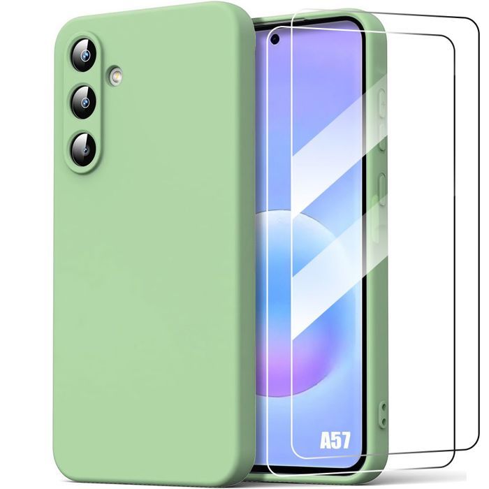 Hülle für Samsung Galaxy A57 5G, Ultra Slim Weiches Flüssigsilikon Matt Grün - 2 Gehärtete Gläser