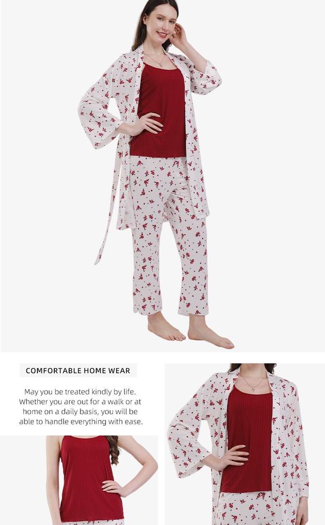 Summer 2026 Floral Women's Pajamas Three-Piece Set Long Sleeve – Wearable Outdoors, In Stock