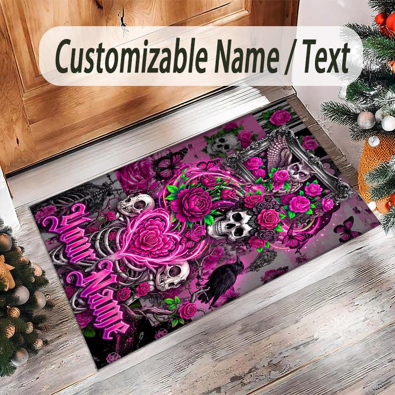 Day of the Dead Theme Crystal Velvet Rug Personalized Custom Name Text Soft Floor Mat Home Decor