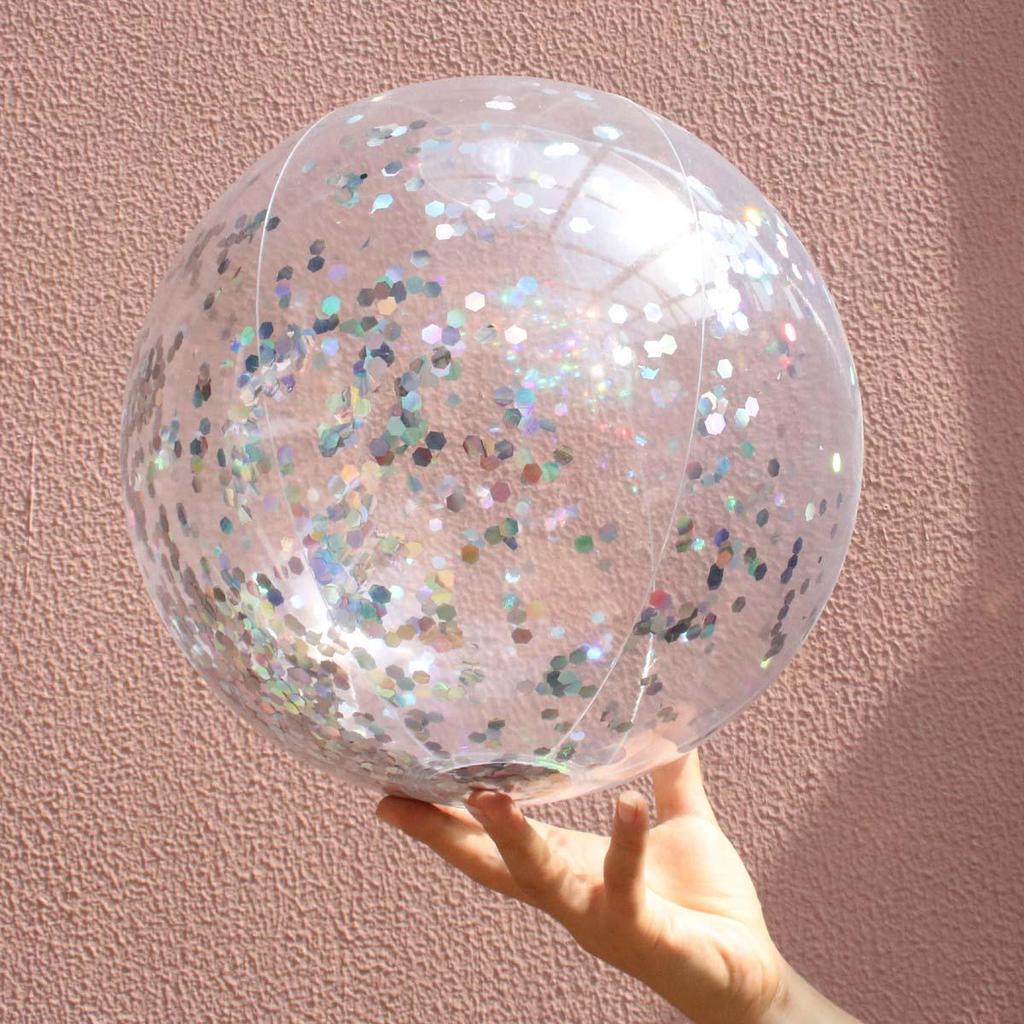 PVC Inflatable Transparent Beach Ball with Blue Sequins for Water Play and Photo Props
