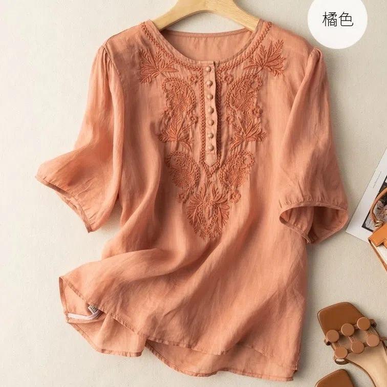 Short-sleeved summer new literary and retro loose design sense embroidery round neck thin cotton and linen women's top