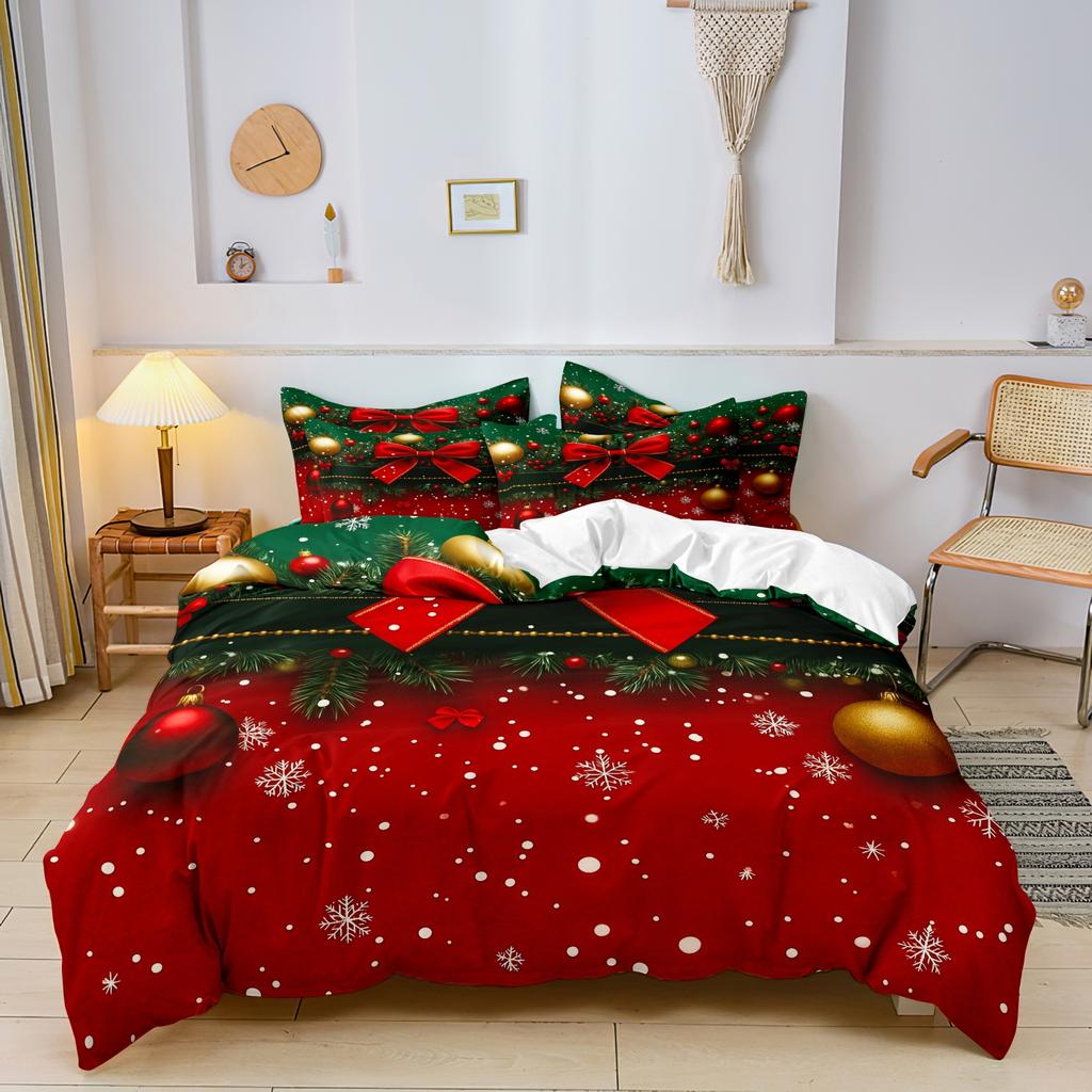 3pcs Down Elk Snowflake Christmas Theme Square Grid Quilt Cover Set Soft Microfiber Checkered Bedding Bedroom Decor