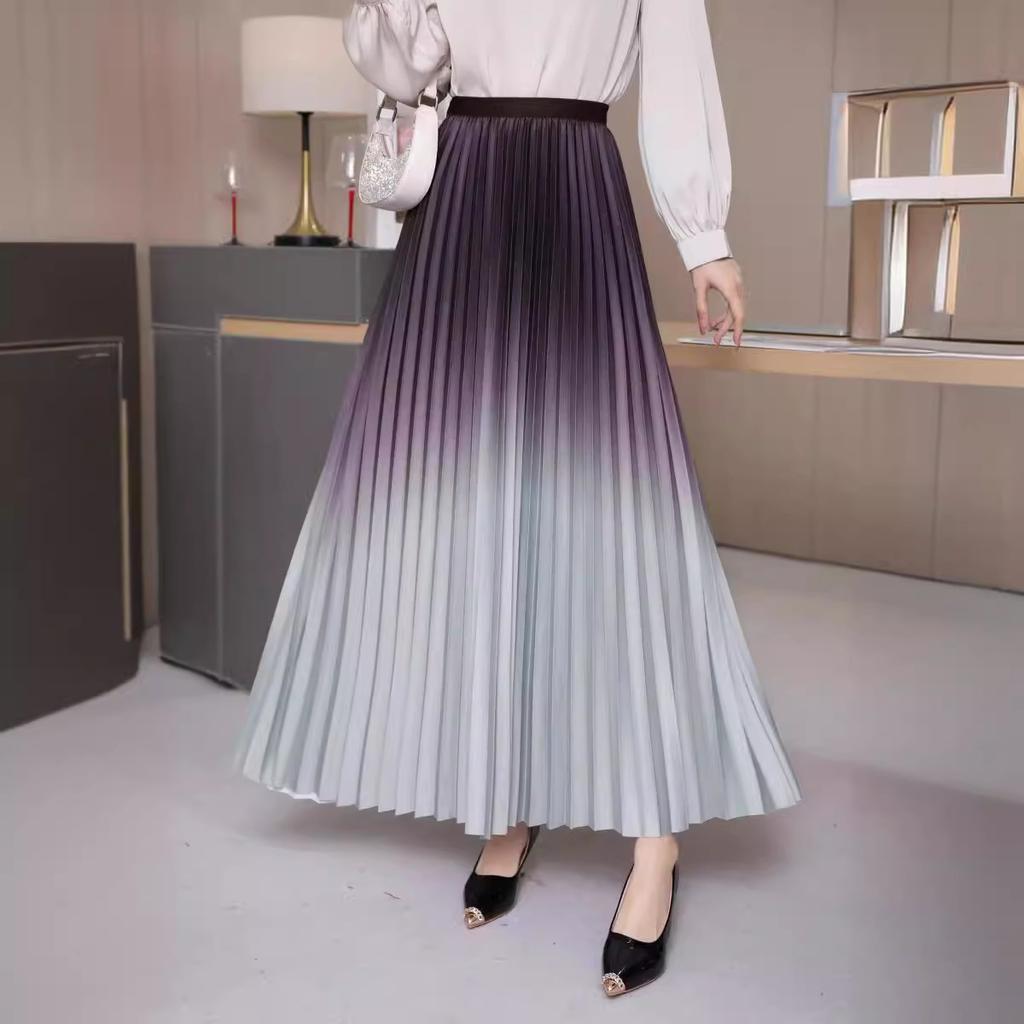 Women Spring Fall High Waist All Match Gradient Color Pleated A Line Skirt