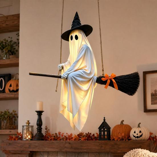 Halloween Hanging Ghost Outdoor Decoration Spooky LED Light Up Witch Ghost On Broom for Home