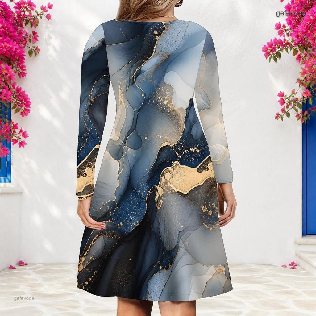 Women Plus Size V Neck Long Sleeve Blue Gold Printed A Line Dress