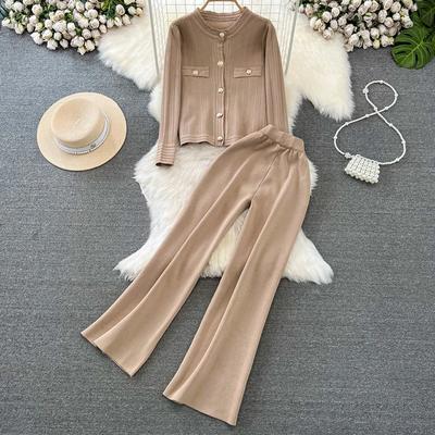 Damen Herbst Langarm O-Ausschnitt Einreihige Strickjacke und Hose mit hoher Taille Zweiteilige Sets Büro-Winter-Outfits