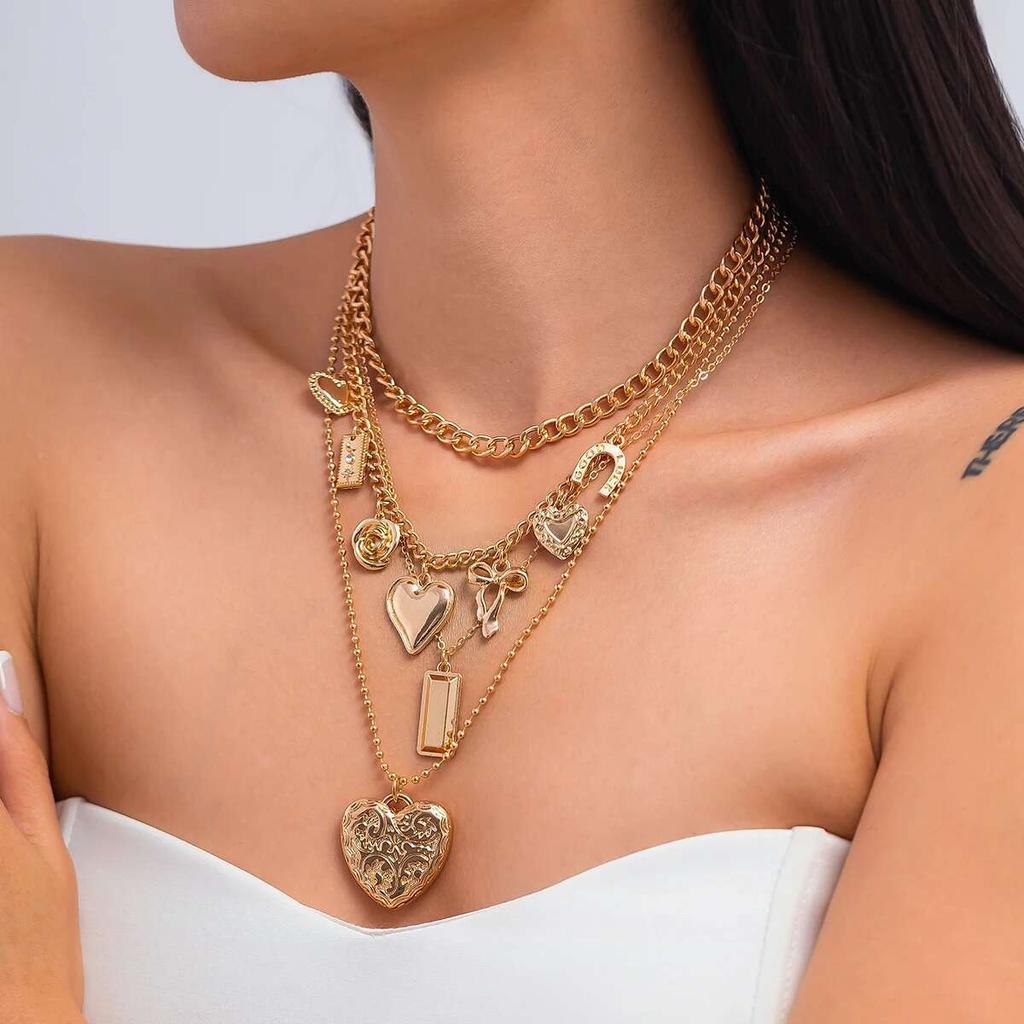 Salircon 4Pcs/Set Vintage Love Heart Bowknot Pendant Necklace for Women 2026 Trendy Punk Gold Color Metal Necklace Jewelry New