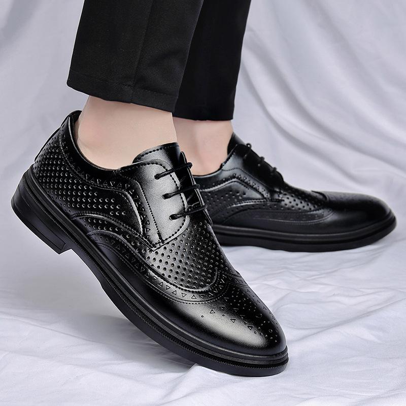 2025 new summer men's shoes hollow business British Brock leather shoes men's hole shoes lace-up heightening shoes