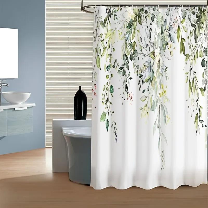 1 Piece Small Fresh Eucalyptus Leaves Digitally Printed Bathroom Shower Curtain Set Perforated Strap Hook Easy To Clean