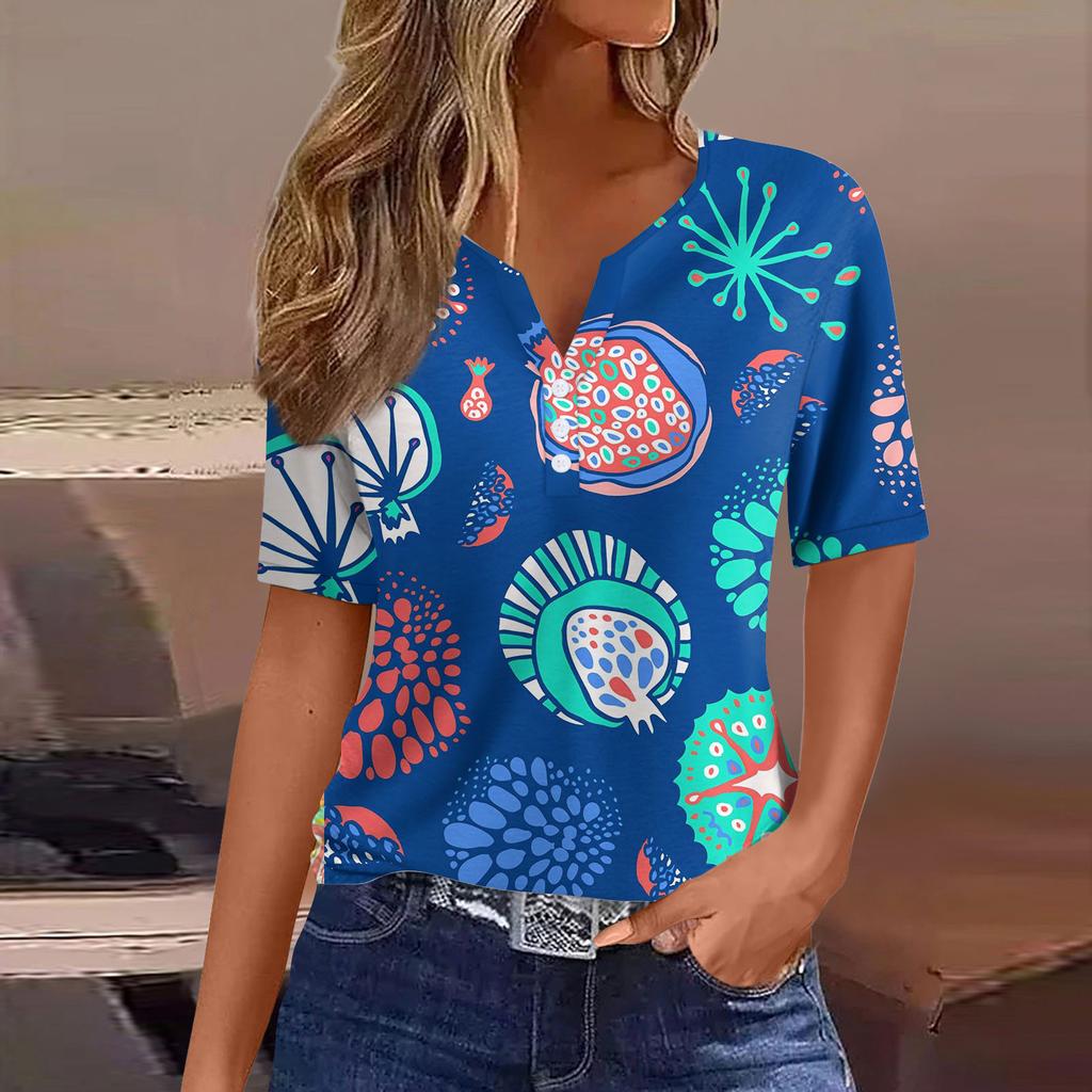 Women's Casual Fruit Printed V-Neck Short Sleeve Decorative Button T-Shirt Top