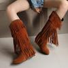 Damen Round Toe Wedges Stiefel Quaste Winter Neu Böhmisch Flock Mid-calf Stiefel Weiblich Warm Plüschgefüttert Plateau Kniehohe Stiefel
