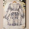 Women's Fashion Vintage Elegant Temperament V-neck Lantern Sleeve Cotton Linen Print Trend Lace-up Dress