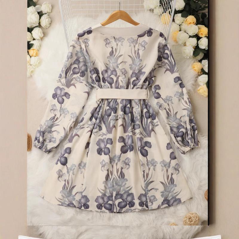 Women's Fashion Vintage Elegant Temperament V-neck Lantern Sleeve Cotton Linen Print Trend Lace-up Dress
