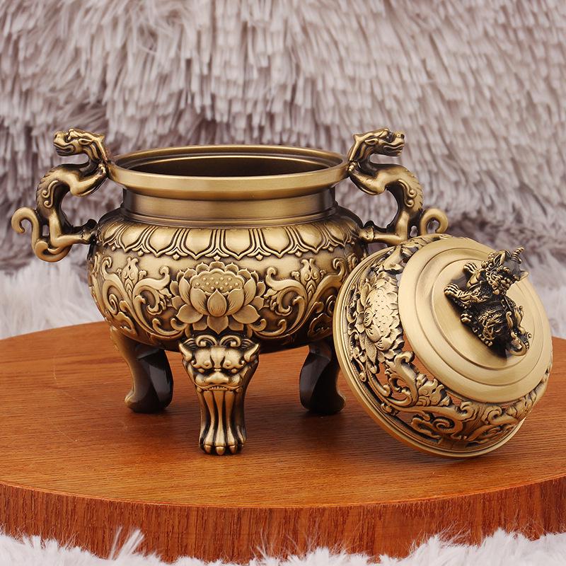 Antique Brass Animal Head Incense Burner: Three-Legged Aromatherapy Ornament for Indoor Buddhist Hall or Tea Ceremony
