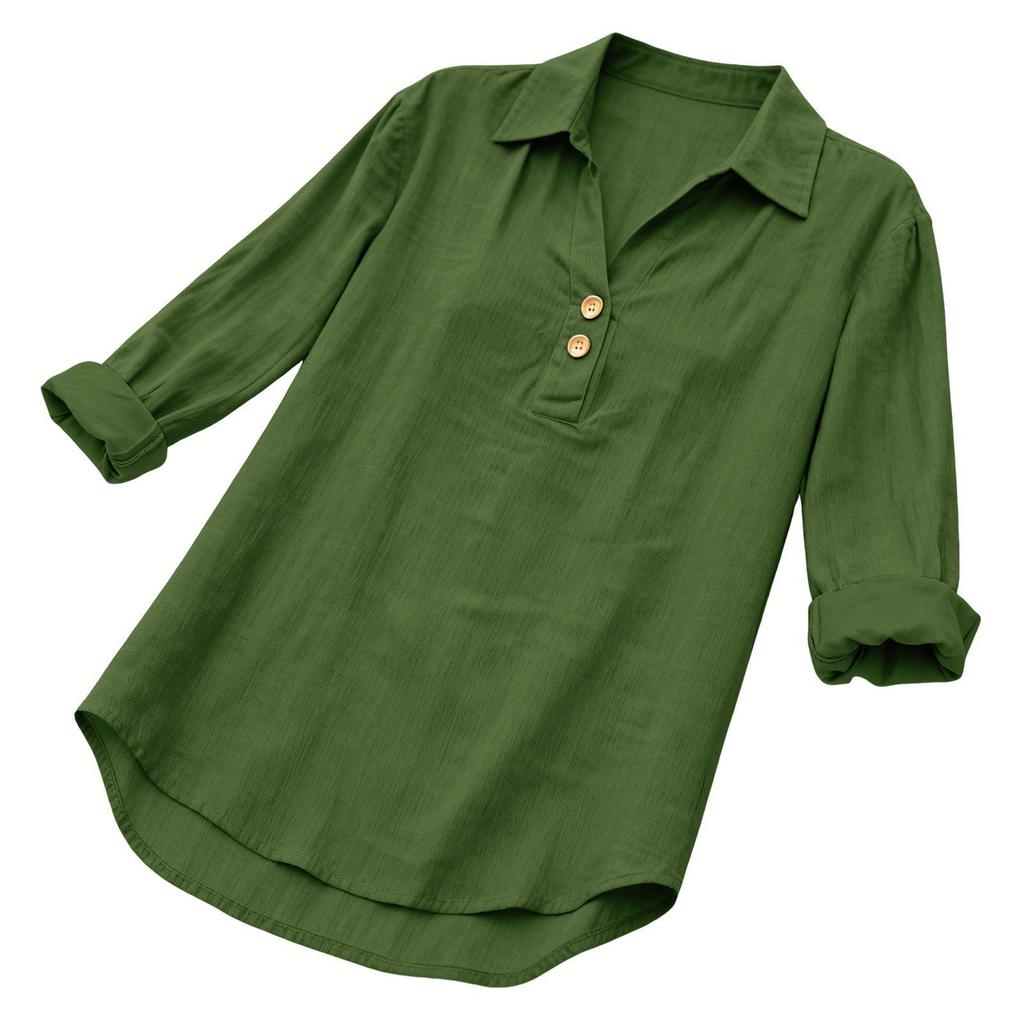 Women's Seven-Sleeve Cotton Linen Lapel Shirt - Solid Color, Casual, Breathable