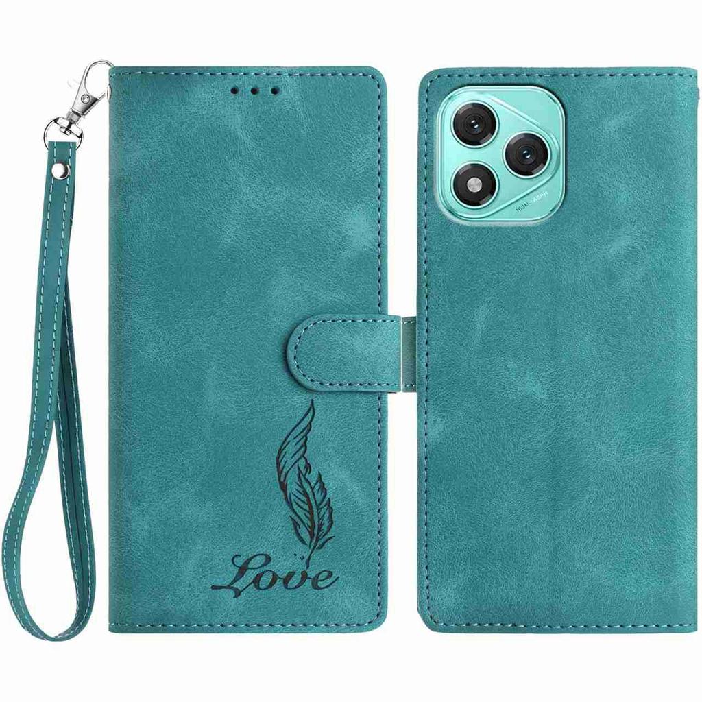 For Honor 400 Lite 5G Case Imprinted Feather PU Leather Wallet Phone Cover with Wrist Strap