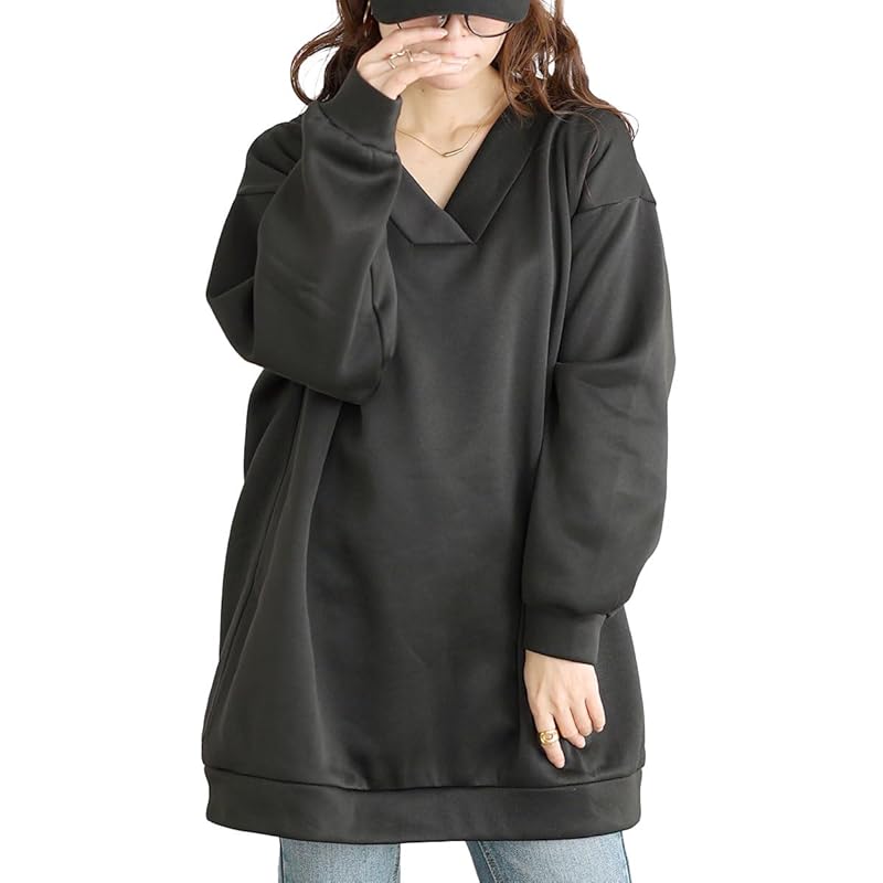 

[Gold Japan] big size ladies tunic V-neck long sleeve long Fleece lining warm stretch winter coordination autumn winter fem-550 LL-3L black
