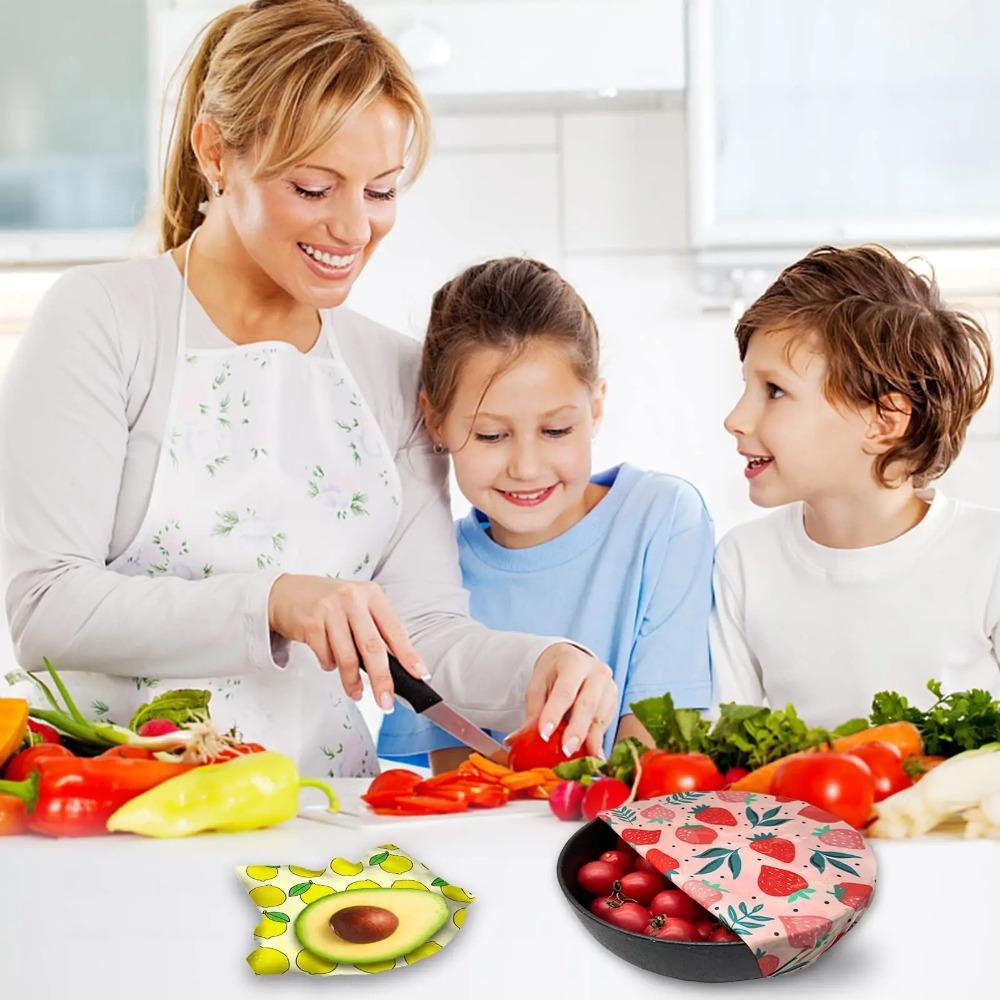 Set da 3 Pezzi Involucri Alimentari in Cera d'Api Riutilizzabili Cotone Biologico Eco-friendly Panno Cerato Sostituto della Pellicola di Plastica Domestica Lavabile Modello Limone