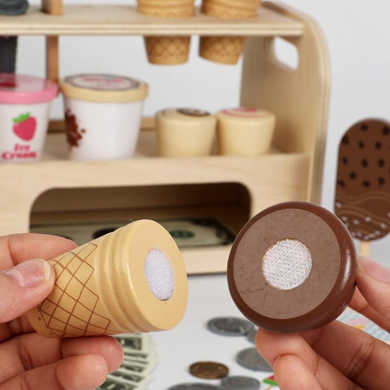 Wooden Ice Cream Counter Playset - Includes Ice Cream Cones Ice Cream Scoop And Toppings Montessori Pretend Play Food Toys Kids