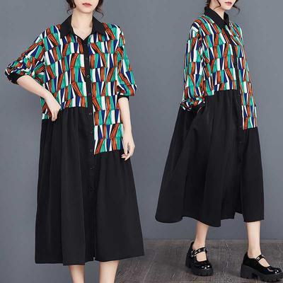 Summer New Loose Large Size Fashion Print Shirt Collar Color Splicing Long Sleeve Dress