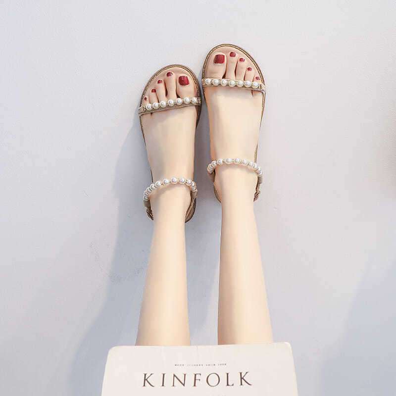 Pearl Word with Sandals Women's Flats 2025 Summer New Fairy Wind Vacation Beach Versatile with Skirt Women's Shoes
