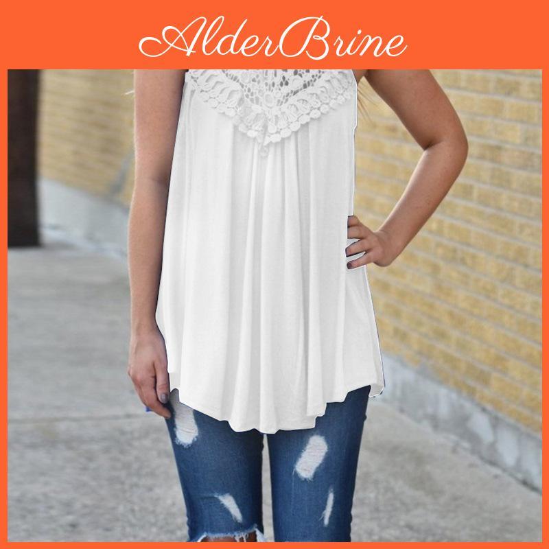 European Style Loose Fit Sleeveless Cotton T Shirt With Lace Splicing For Casual Women