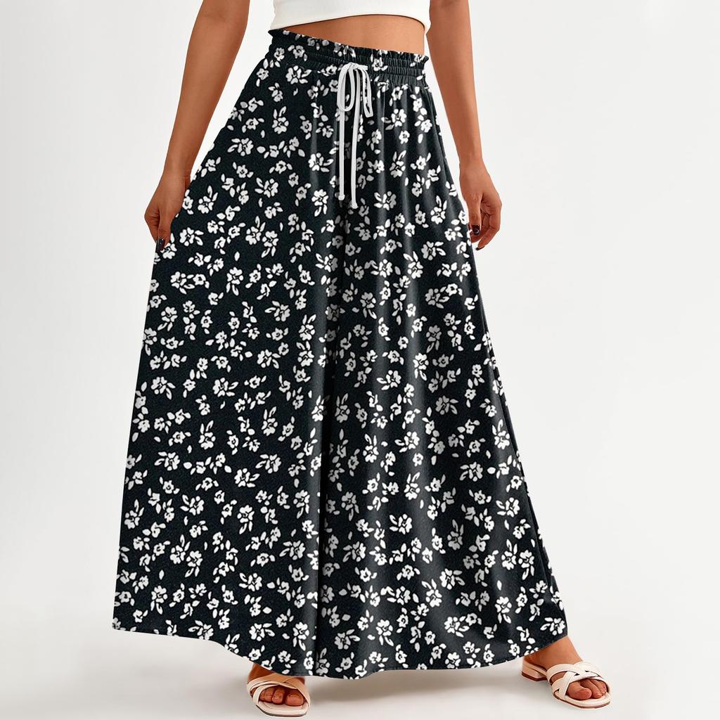 Women's Printed Wide Leg Pants With Pockets High Waist Drawstring Loose Casual Pants