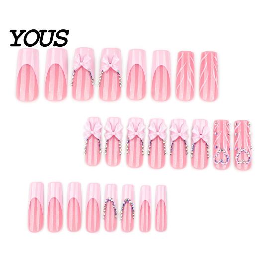 Long Rectangular Nails 24Pcs French Tip Press On Nails, 3D Pink Bow Rhinestone Fake Stick-on for Women, Removable Full Cover Glue At Home Nail